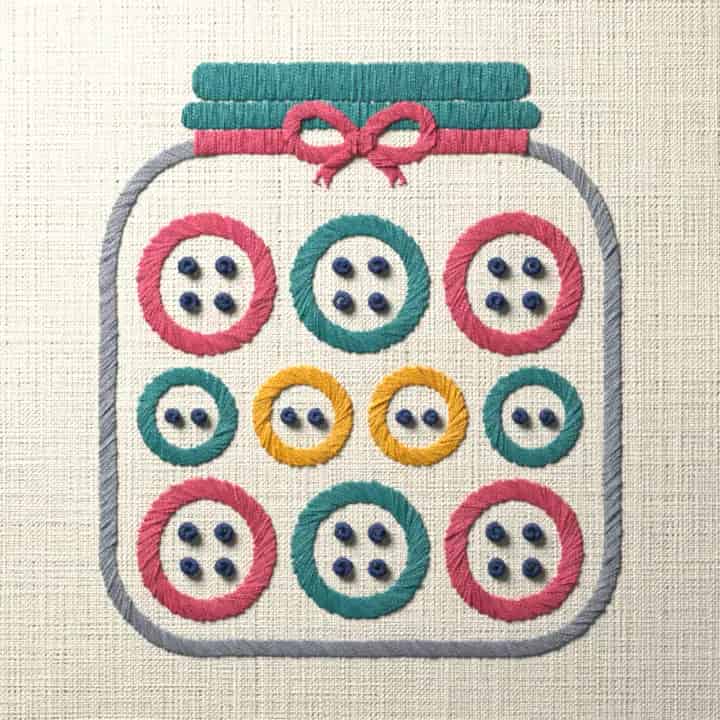 Jar of buttons with a bow: preview of the stitched design