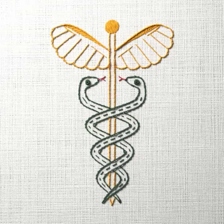 Winged caduceus: preview of the stitched design