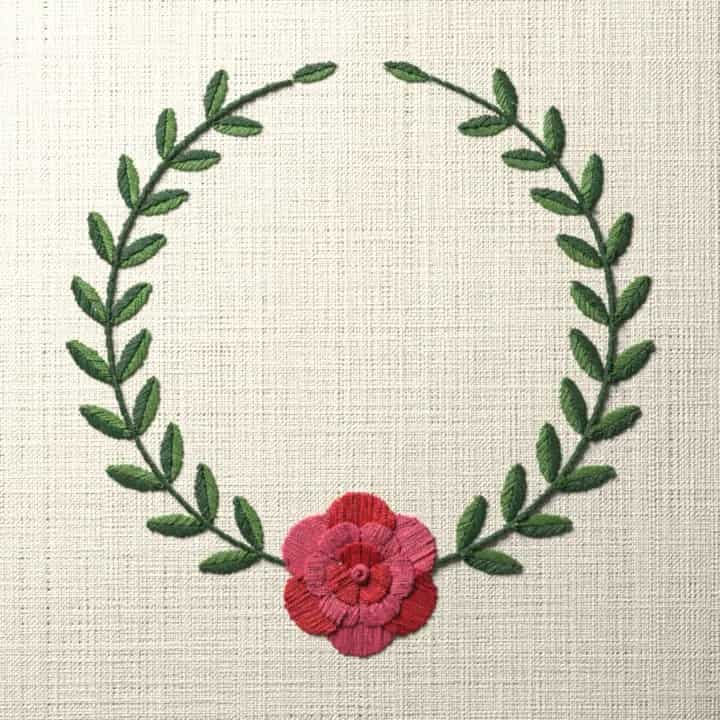 Camellia laurel wreath: preview of the stitched design