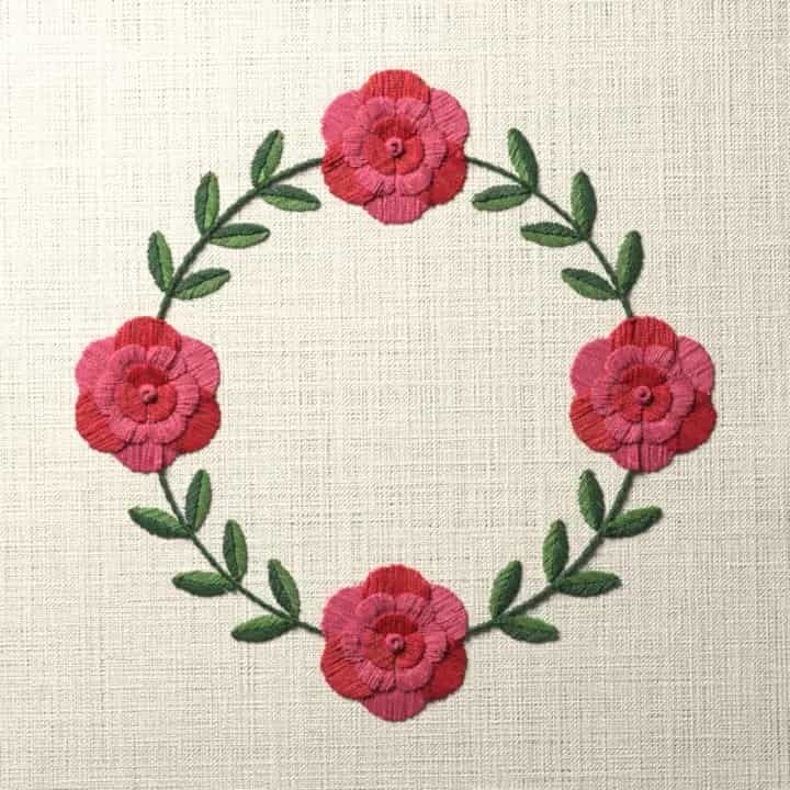 Camellia ring wreath: preview of the stitched design