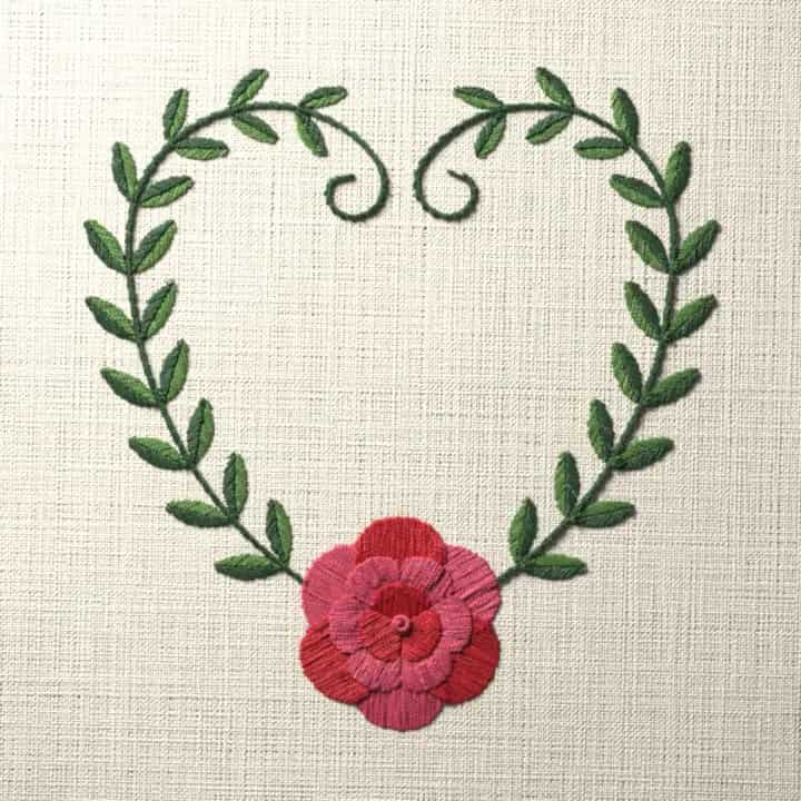 Camellia vine heart: preview of the stitched design
