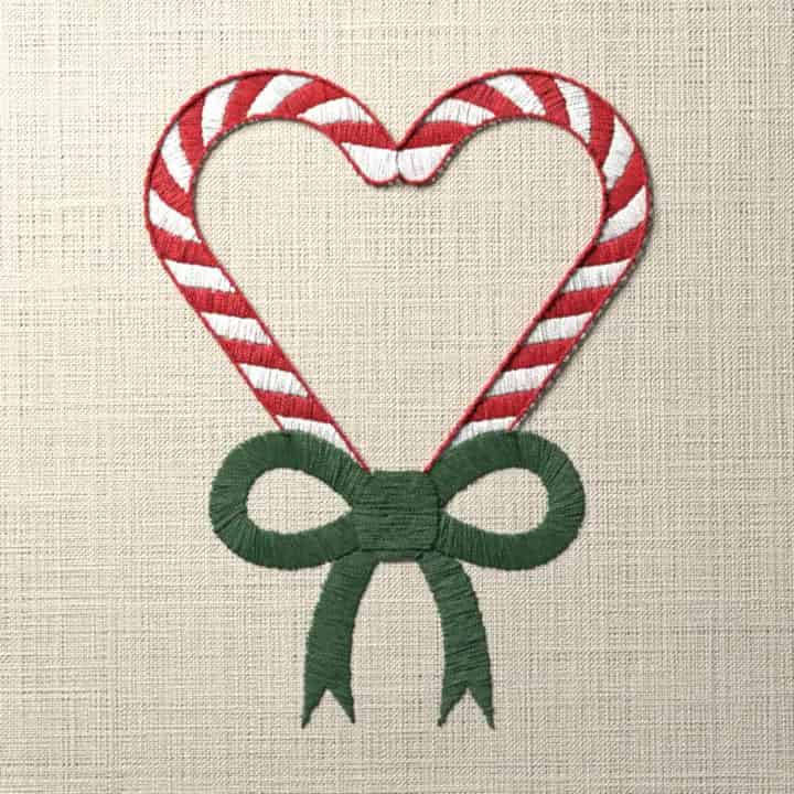 Candy cane heart with a bow: preview of the stitched design