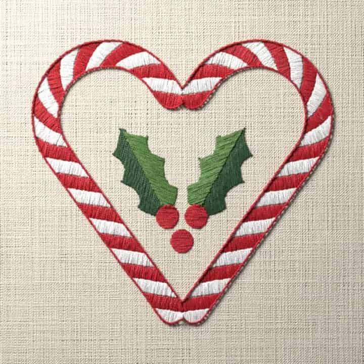 Candy cane heart with holly: preview of the stitched design