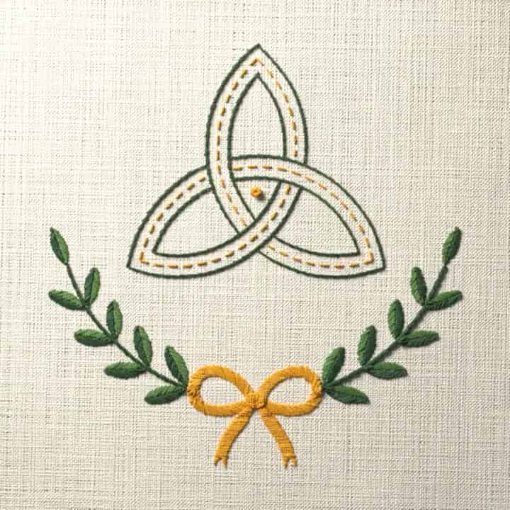 Trinity knot over leaves: preview of the stitched design