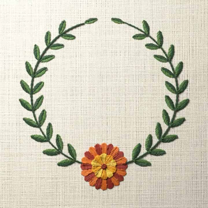 Chrysanthemum laurel wreath: preview of the stitched design