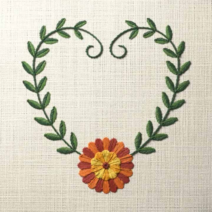 Chrysanthemum vine heart: preview of the stitched design