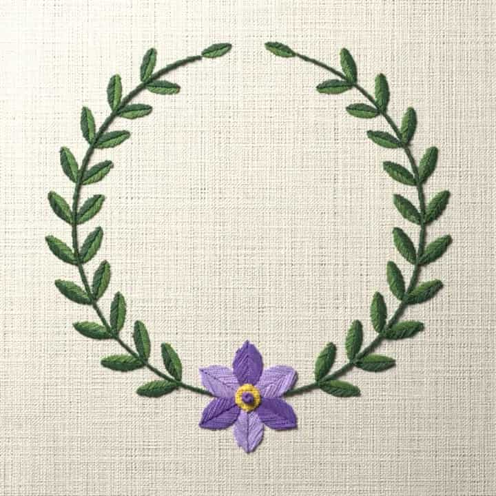 Clematis laurel wreath: preview of the stitched design