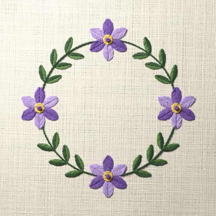 Clematis ring wreath: preview of the stitched design