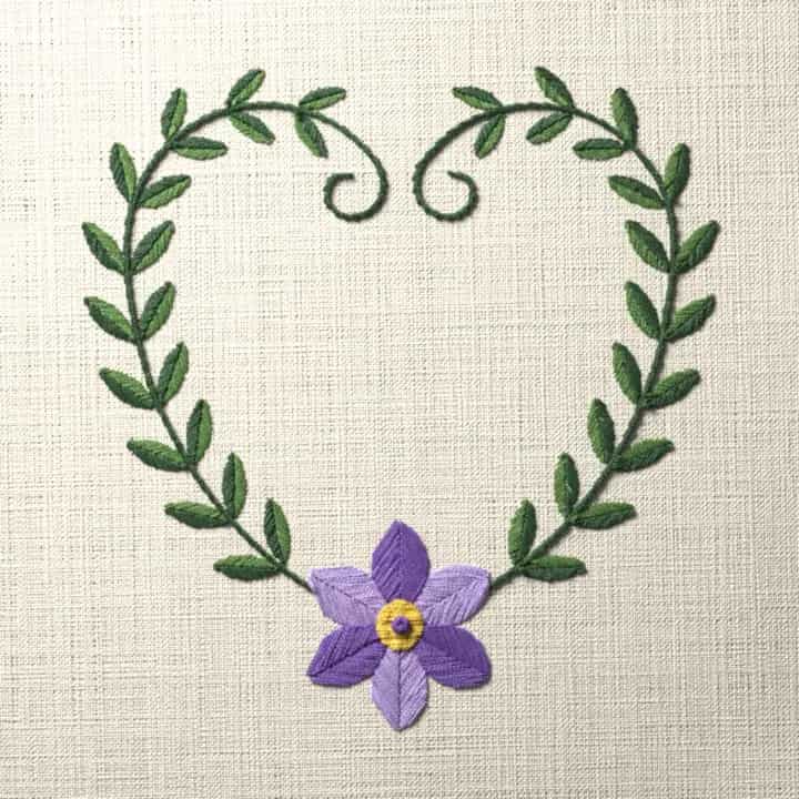 Clematis vine heart: preview of the stitched design