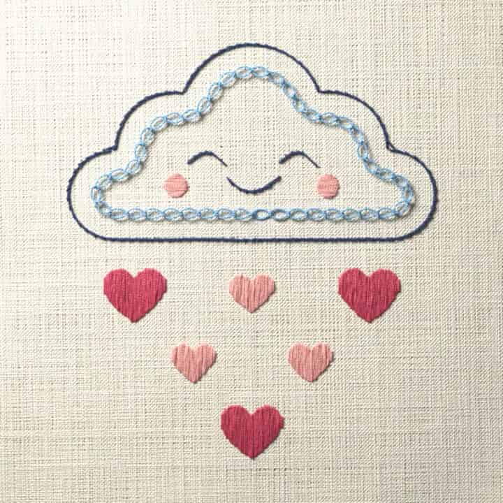 Cloud raining hearts: preview of the stitched design