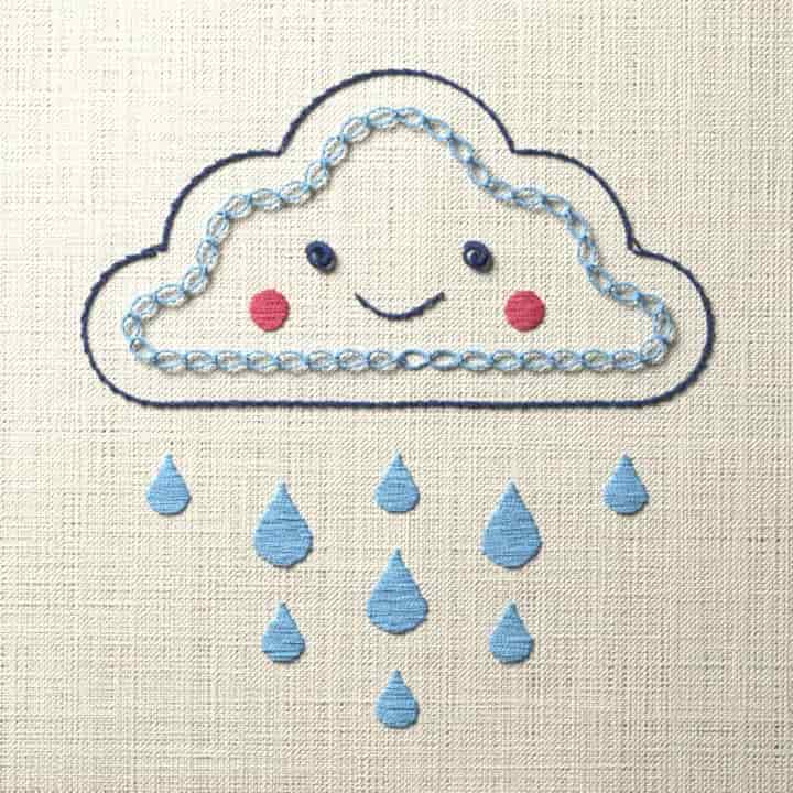 Cloud with raindrops: preview of the stitched design