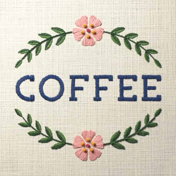 Coffee in laurel: preview of the stitched design
