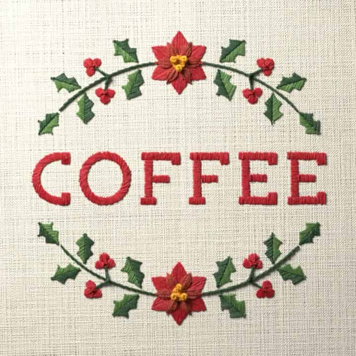 Coffee in holly: preview of the stitched design