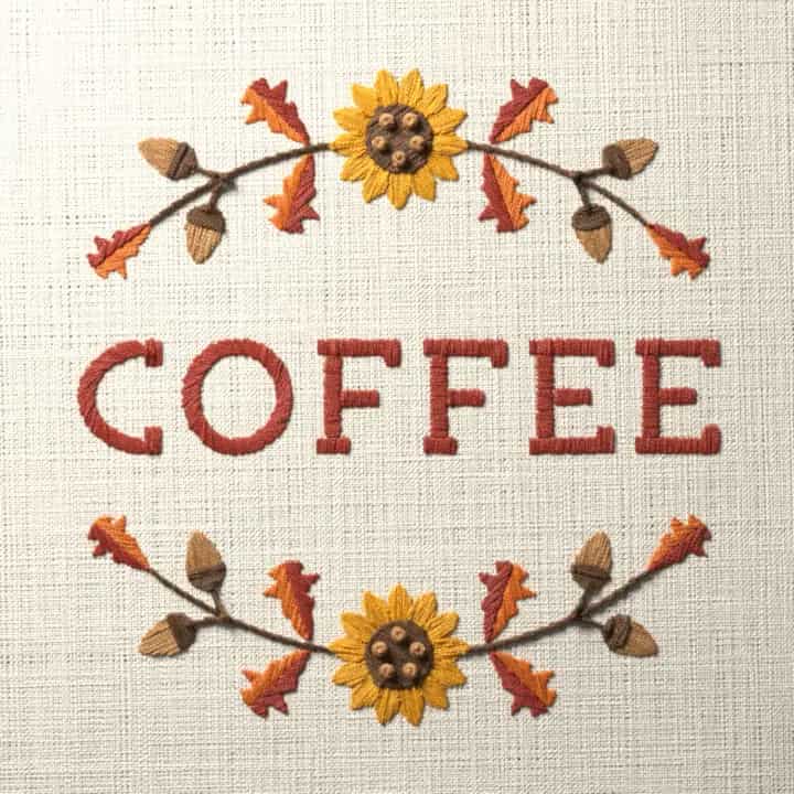 Coffee in oak leaves: preview of the stitched design