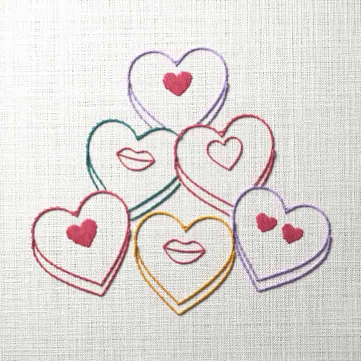 Candy hearts: preview of the stitched design
