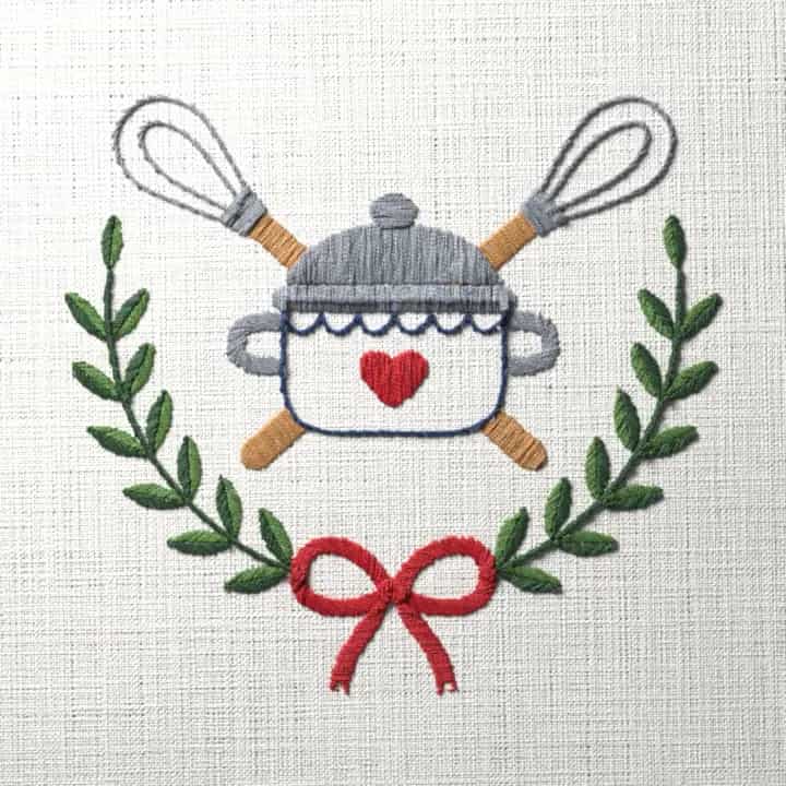 Cook’s pot and whisks: preview of the stitched design