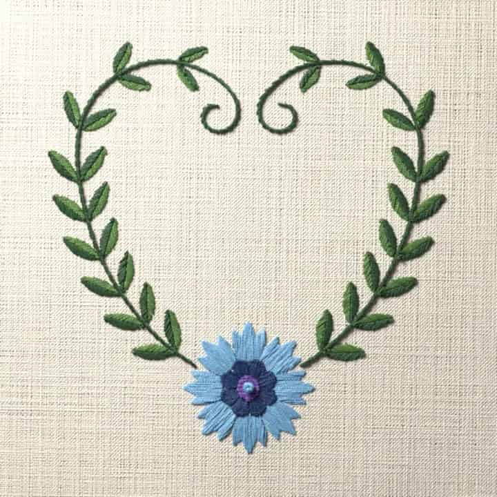 Cornflower vine heart: preview of the stitched design