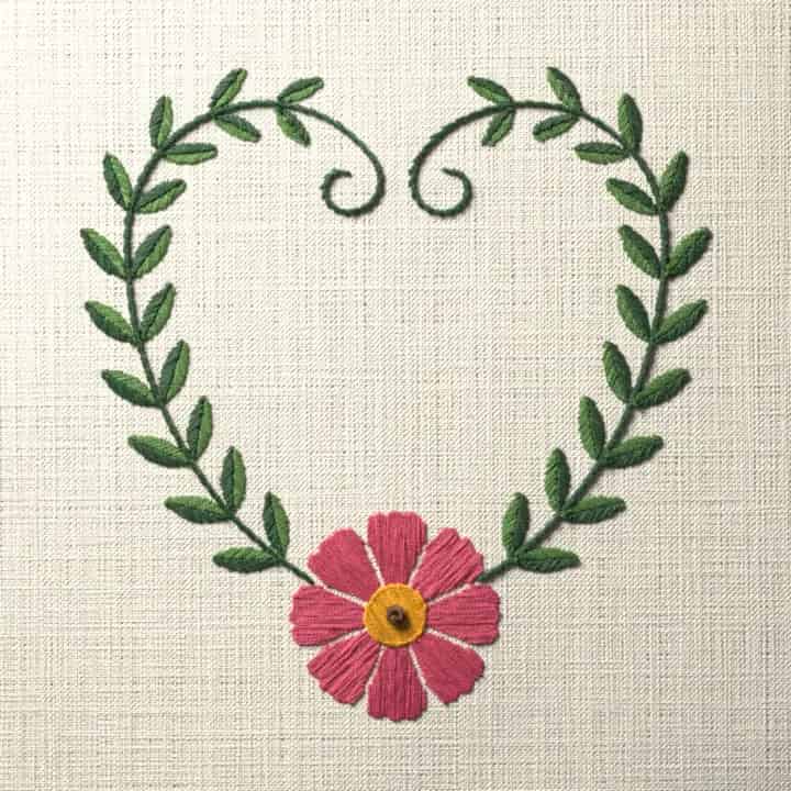 Cosmos vine heart: preview of the stitched design
