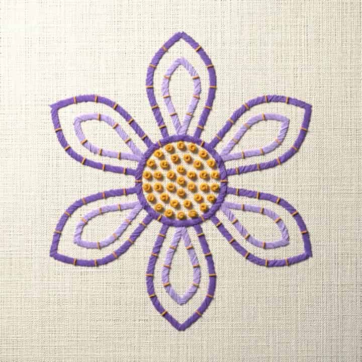 Couching six-petal flower: preview of the stitched design