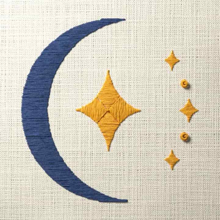 Crescent moon and star: preview of the stitched design