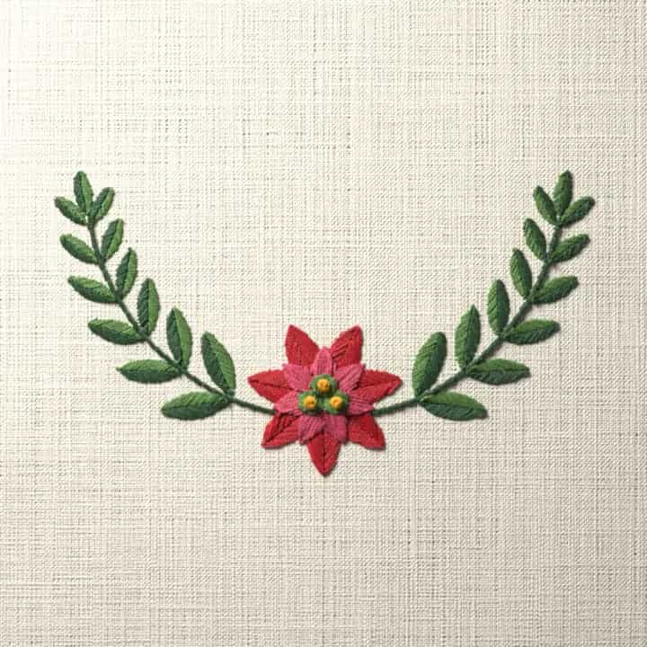 Poinsettia crescent spray: preview of the stitched design