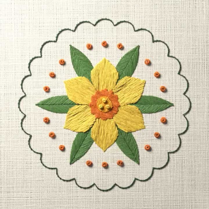 Daffodil coaster: preview of the stitched design