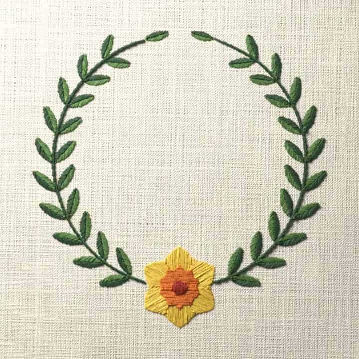 Daffodil laurel wreath: preview of the stitched design