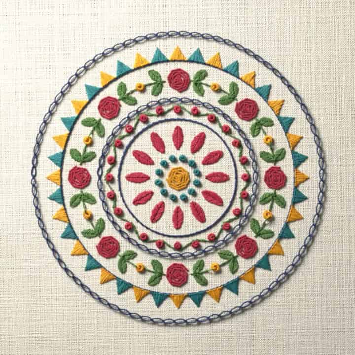 Dahlia wheel sampler: preview of the stitched design