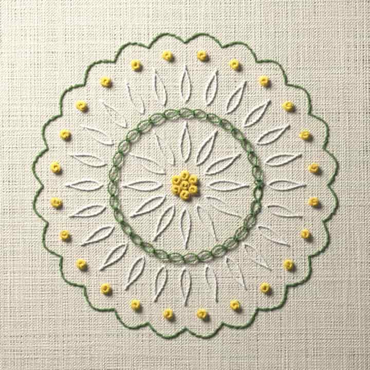 Daisy chain mandala: preview of the stitched design