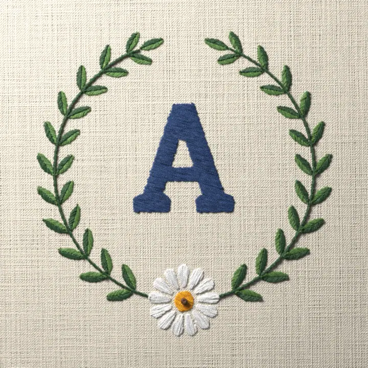 Daisy laurel monogram, letter A: preview of the stitched design