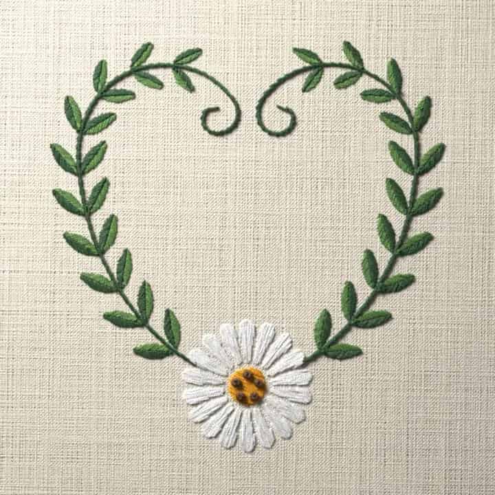 Daisy vine heart: preview of the stitched design
