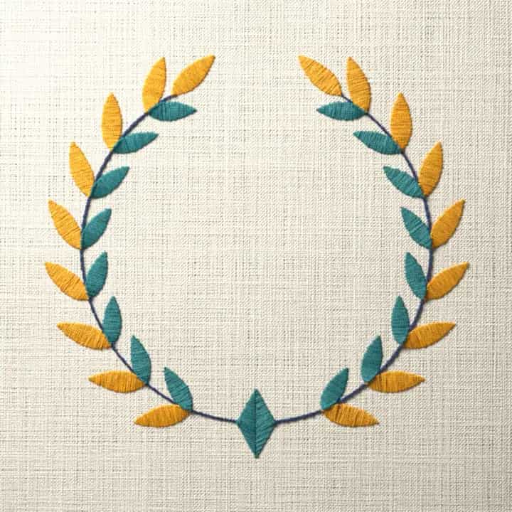 Laurel wreath of pointed leaves: preview of the stitched design