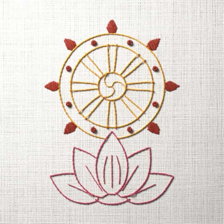Dharma wheel on a lotus: preview of the stitched design