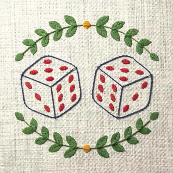 Dice between two sprigs: preview of the stitched design