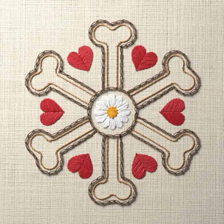 Dog bone star with hearts: preview of the stitched design
