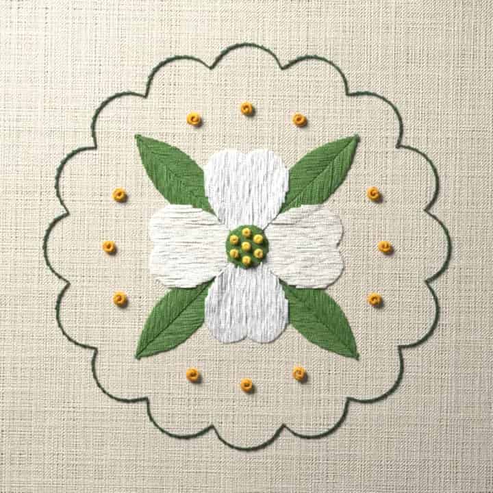 Dogwood coaster: preview of the stitched design