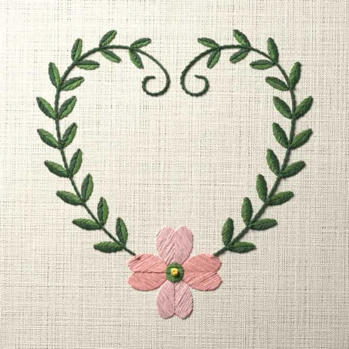 Dogwood vine heart: preview of the stitched design