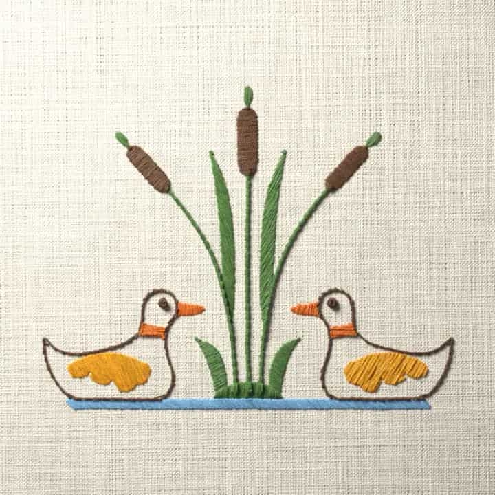 Ducks and bulrushes: preview of the stitched design