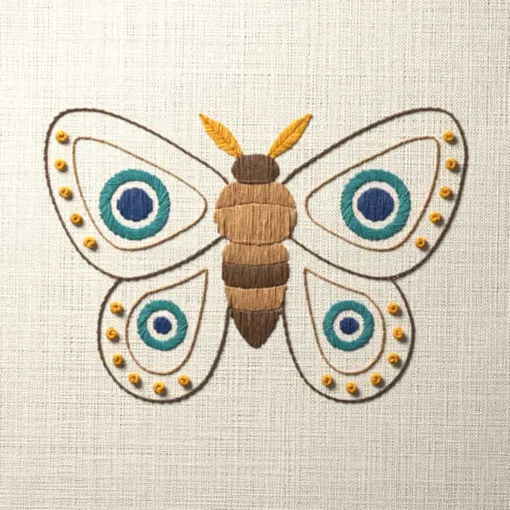 Emperor moth with eyed wings: preview of the stitched design