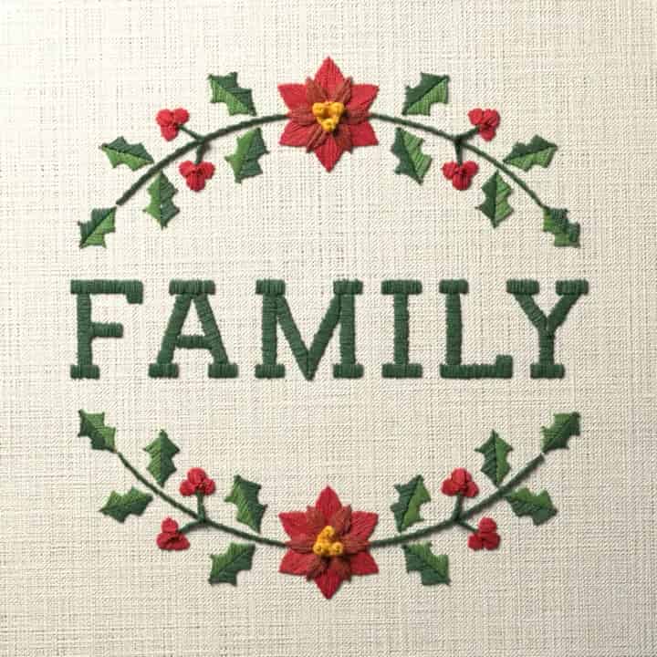 Family in holly: preview of the stitched design