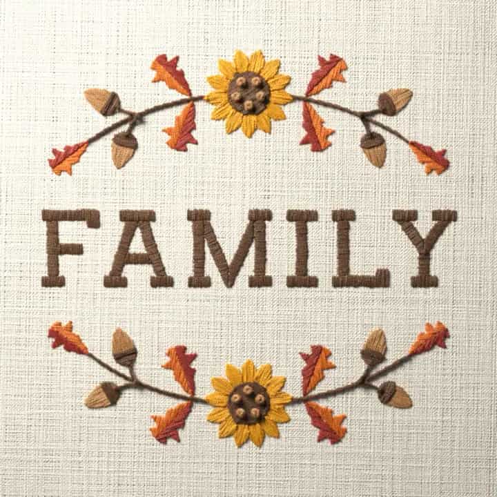 Family in oak leaves: preview of the stitched design