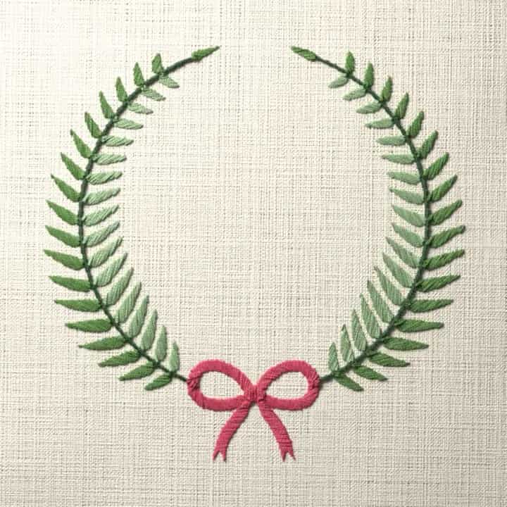 Fern bow wreath: preview of the stitched design
