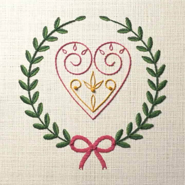 Filigree heart in laurel: preview of the stitched design