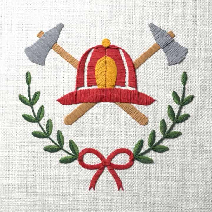 Firefighter’s helmet and axes: preview of the stitched design