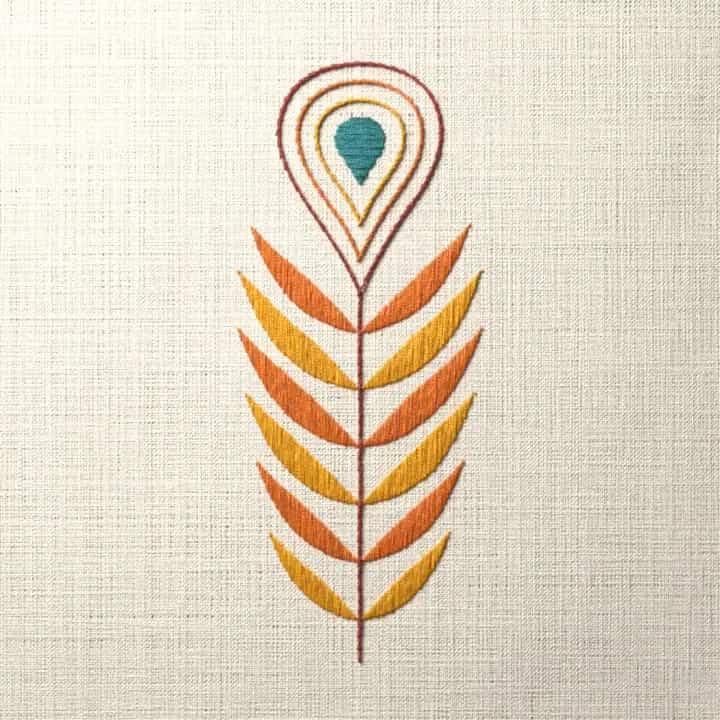 Orange and gold eye feather: preview of the stitched design