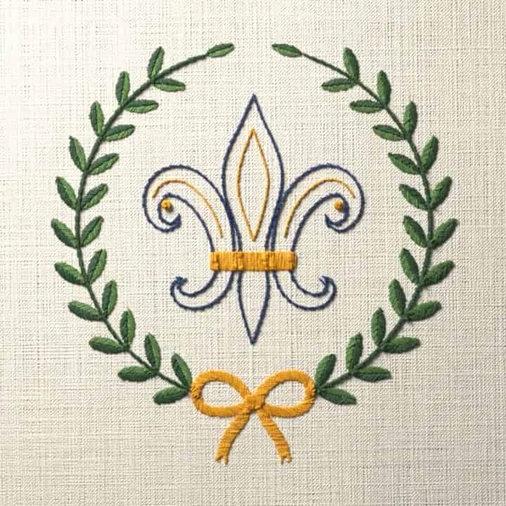 Fleur-de-lis in laurel: preview of the stitched design