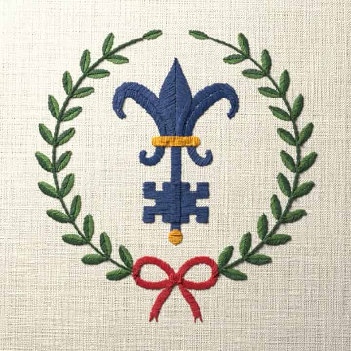 Fleur-de-lis key in laurel: preview of the stitched design