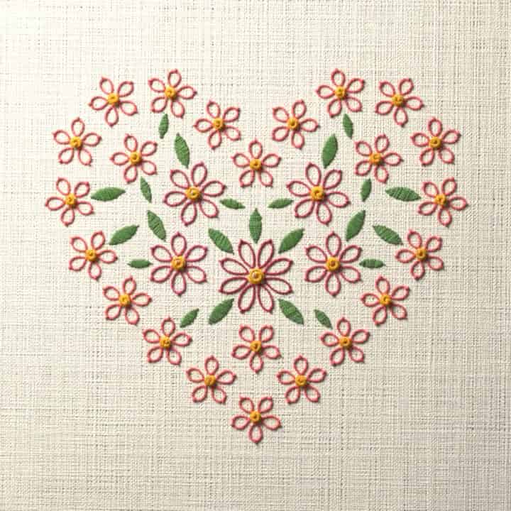 Flower filled heart: preview of the stitched design