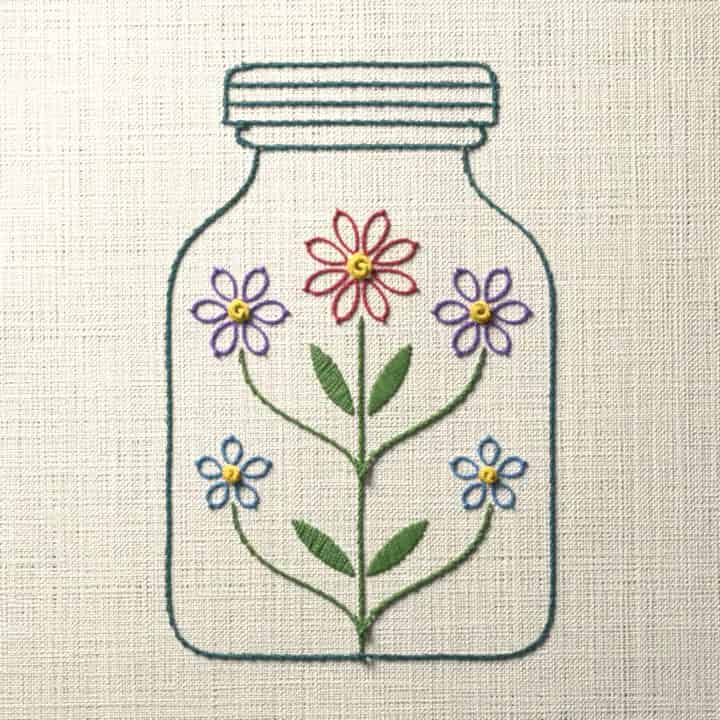 Flower filled mason jar: preview of the stitched design