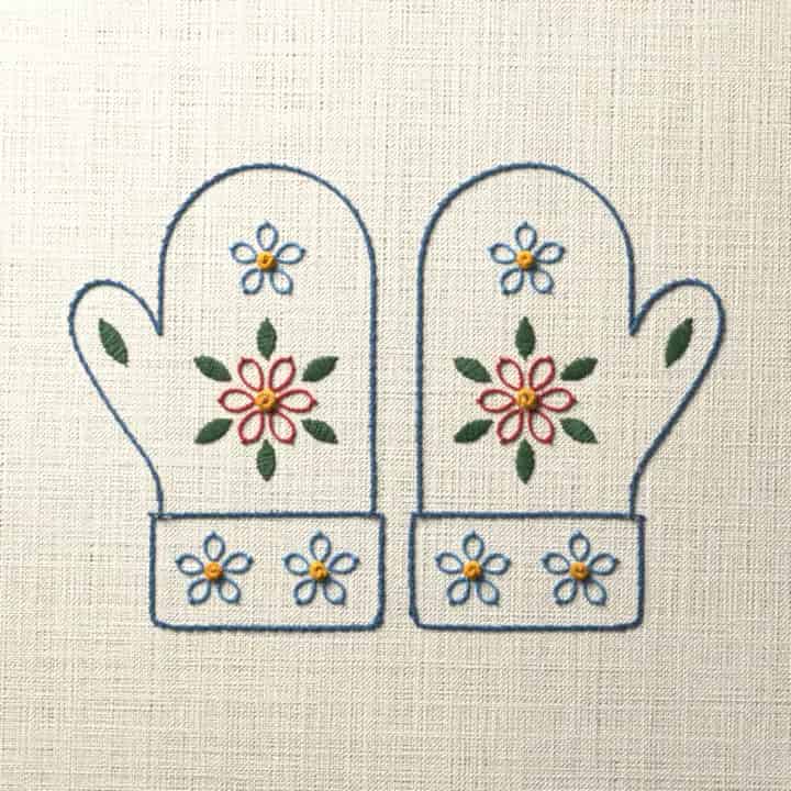 Flower filled mittens: preview of the stitched design